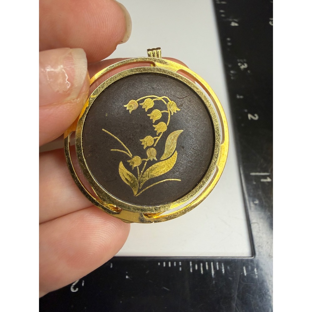 Gold Tone Lily of the Valley Pin Pendant Brooch Floral Wood Inlay Round